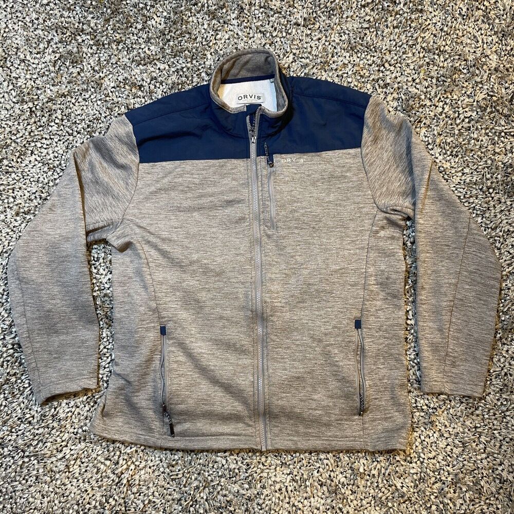 Orvis Fishing Large Full Zip Mesh Jacket Gray Blue Polyester Sweatshirt Sweater